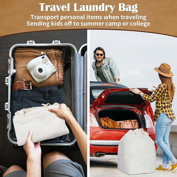 Canvas Laundry Bags with Handles & Rectangular Base, Washable Canvas Drawstring