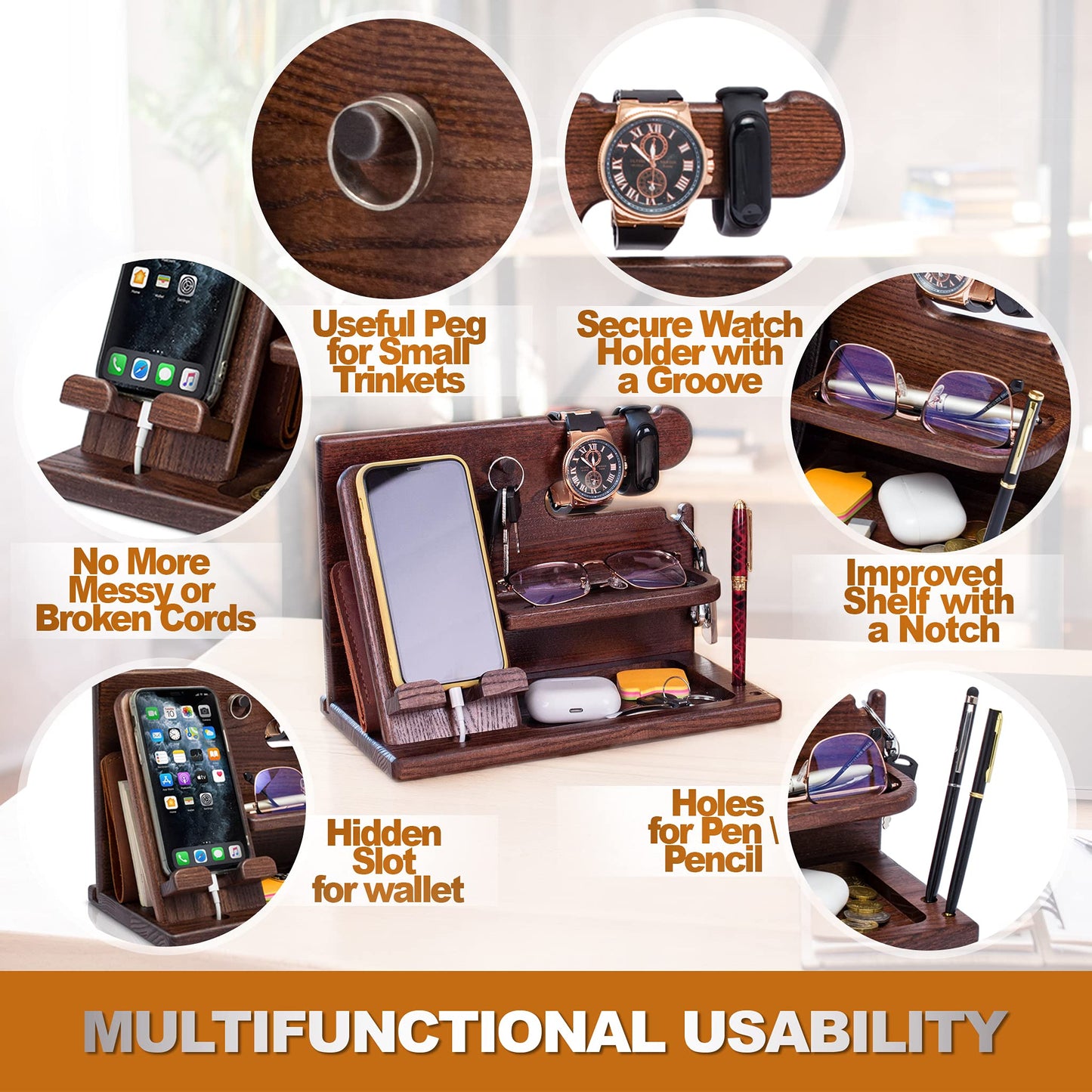 TESLYAR Wood Phone Docking Stations for Men - Desk or Nightstand Organizers