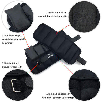 Virtee Adjustable Ankle Weights for Women Men Kids, Wrist Weight Set 1-5 lbs (1 Pair) with Removable Weight for Jogging, Walking, Gymnastic, Workout, 0.5-2.5 lbs Each Pack, 2 Pack