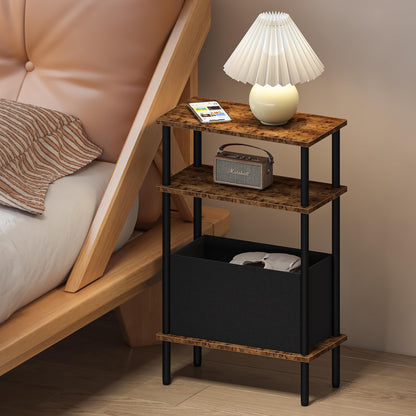 Newmics Narrow Side Table with Fabric Basket, End Table for Small Spaces, Slim Nightstand with 3-Tier Storage Shelf, Sofa Beside Table, for Living Room, Bed Room, Rustic Brown