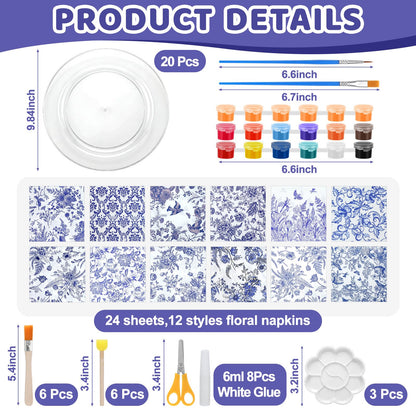 Jinei 20 Set Making Your Own Hostess Plates Painting Kit Decoupage Plastic Plate Blue Floral Decoupage Napkins Glues Brushes for Gatherings Crafts DIY Blue and White Floral Dinner Table Decor