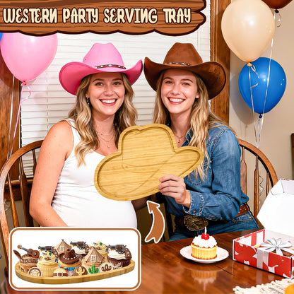 1Pcs Wooden Cowboy Baby Shower Party Decoration Hats Charcuterie Board First Rodeo Birthday Plates Cowgirl Serving Trays Reusable Fillable Food Platter for Western Gender Reveal Tabletop Supplies