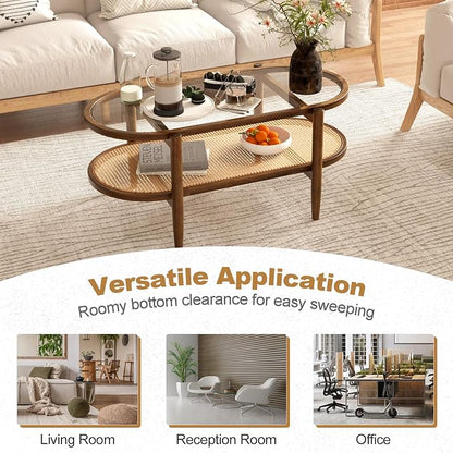 Giantex Rattan Coffee Table, 2-Tier Oval Acacia Wood Tea Table w/Tempered Glass Tabletop & PE Rattan Storage Shelf, Boho Cocktail Tables, Mid Century Modern Center Table for Living Room Office, Brown