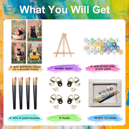 xackcme 4 Pack Paint by Numbers for Adults with Framed Canvas - with Wooden Easel, Cat Paint by Number on Canvas, DIY Black Cat Acrylic Oil Painting Kits with Brushes for Home Wall Decor (8x12 inch)