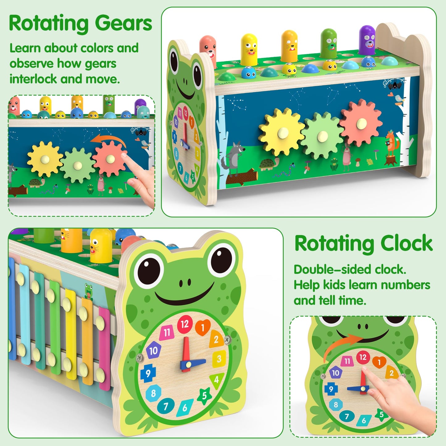 Amtreen 6-IN-1 Wooden Montessori Toys for 1 Year Old, Mole-Tapping Game | Play the Xylophone | Frog Clock | Carrot Harvest Game | Spinning Gear, Toddler Toys Aged 1-3, Baby Toy Gift for Early Learning