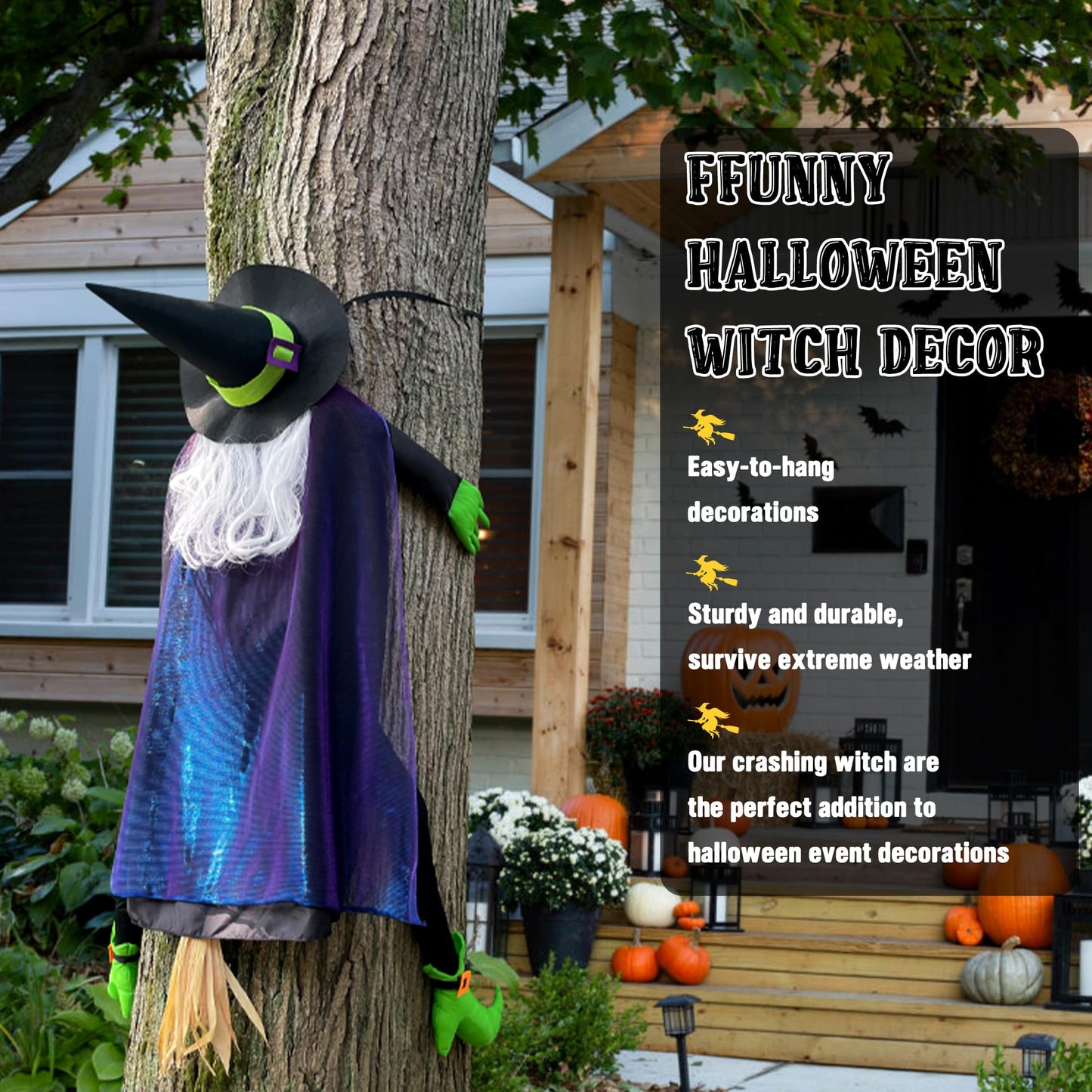 POPGIFTU 64" Large Crashing Witch into Tree Halloween Outdoor Decoration – Funny Flying Witch Yard Prop for Porch, Garden & Lawn, Weather-Resistant Halloween Decor