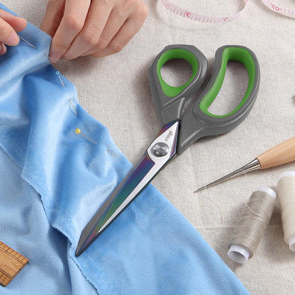 LIVINGO Professional Sharp Fabric Scissors - Titanium Coated Forged Steel Heavy Duty Shears All Purpose for Sewing Craft Cutting Cloth, Paper, Leather, 9.5 Inches, Gray/Green
