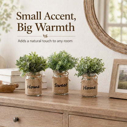 Suncalla 3 Pcs Spring Mason Jar Table Centerpiece Decor Small Fake Plants Farmhouse Rustic Burlap Vases Artificial Eucalyptus Rosemary Plants for Office Laundry Bathroom Shelf Table Wedding Decoration
