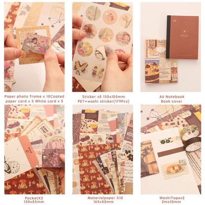 emmoolife 348 Pcs Scrapbooking Supplies Kit, Vintage Aesthetic Scrapbook Kit for Bullet Junk Journal, Stationery, A6 Grid Notebook, DIY Journaling Supplies, Birthday Craft Gift for Teen Girl Women