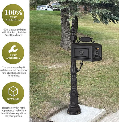 Polar Aurora Barcelona Decorative Post Mailbox Combination Stratford Heavy Duty Postal Mail Box Cast Aluminum(Black)