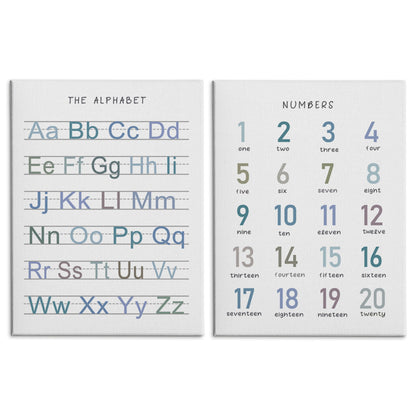 HRQKO Alphabet Numbers Nursery Canvas Wall Art Set of 2, Kids Room Decor Framed Art, Blue ABC Numbers Educational Posters Wall Decor for Classroom Toddler Kids Nursery Bedroom Playroom, 11x14 inch