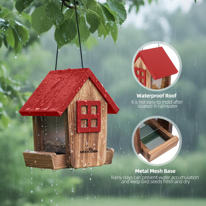 MIXXIDEA Bird Feeder for Outdoors Hanging, Wooden Bird Feeder House with Weatherproof Roof & Metal Tray, Attracting Wild Birds for Outside, Yard, Garden Decoration, Red