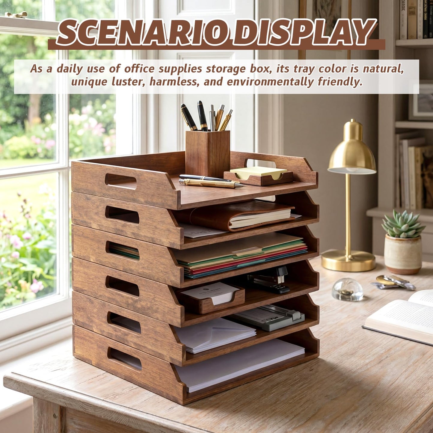 AceOrbit 6 Pcs Stackable Paper Tray Acacia Wood Desk Organizer Letter Tray 6 Tier Wooden File Organizer Desk Shelf for Documents, Letter Sorter, Envelopes and Magazine Holder