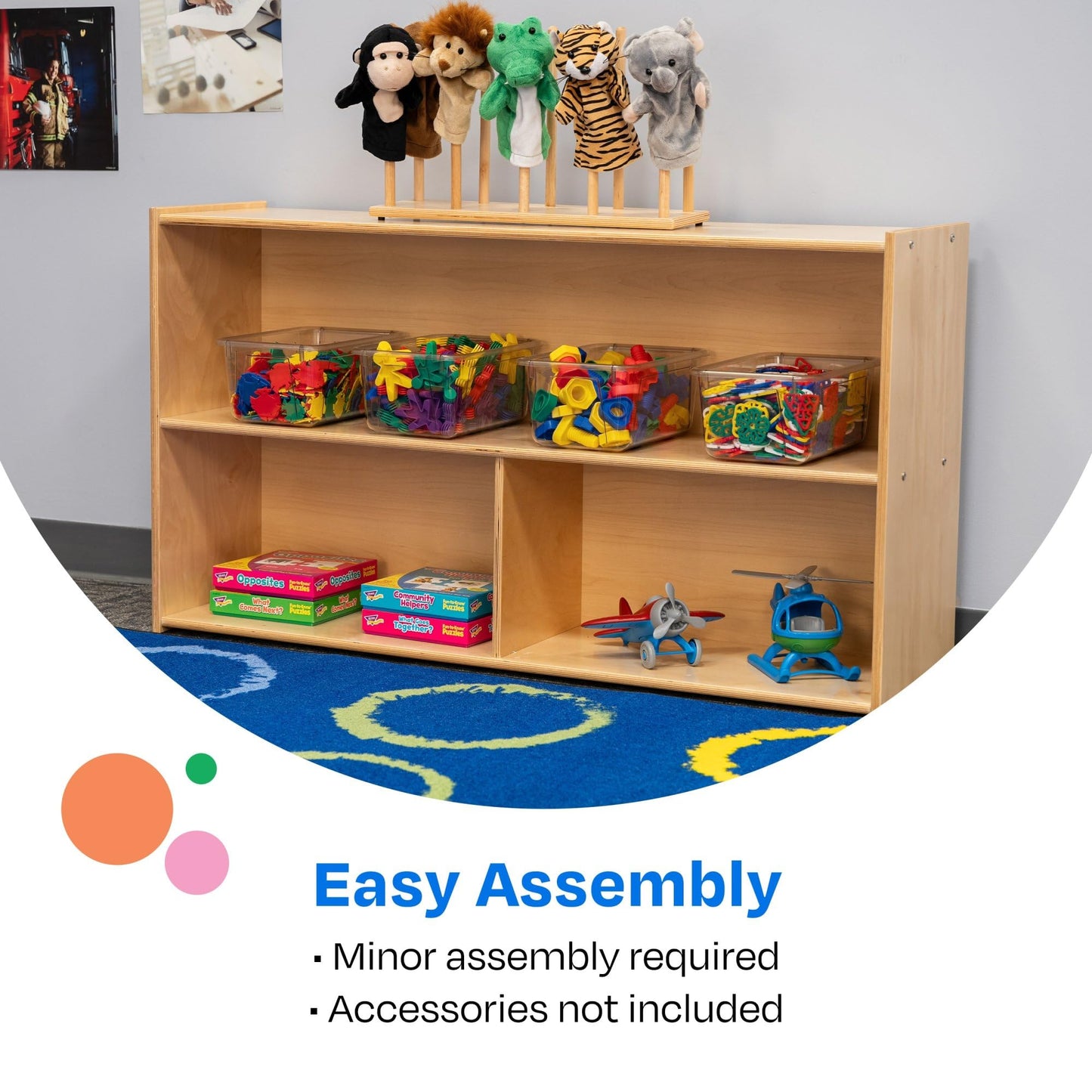 Childcraft ABC Furnishings 2-Shelf 3-Compartment Storage Unit for Classrooms and Homes, Wooden Bookshelf and Organizer, 48 x 13 x 27-3/8 Inches