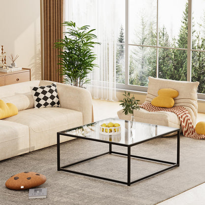 Black Glass Coffee Table for Living Room,Square Coffee Tables for Small Spaces,Simple Tea Cocktail Modern Center Tables, Living Room Tables,Easy Assembly,26 * 26in（Black & Clear Glass）