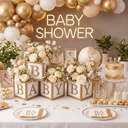SiliFine 6 Set Baby Shower Centerpieces for Tables 6 Inch Wooden Boxes with Baby Letters Cube Planter Vase Blocks for Gender Reveal Party Decor (Floral,Gold)