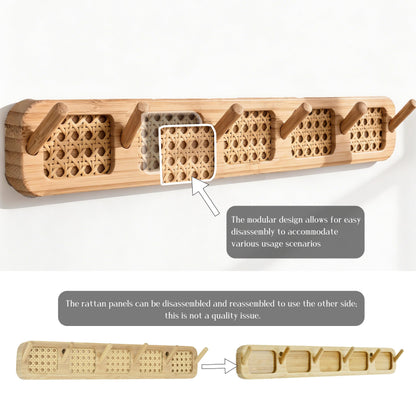 Shamgzuu Coat Rack Wall Mount, Rattan Coat Hooks Hanger Wall Mounted, 6 Heavy Duty Bamboo Hooks Rack Rail for Hanging Clothes Hats Bags Jacket Towels Plants, White (White)