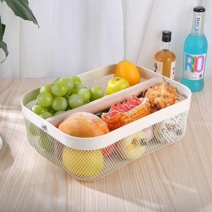 AJIODA Metal Mesh Steel Storage Basket, Garden Harvest Wire Organizer Basket Multi-functional Kitchen Fruit Basket with Wooden Removable Partition & Handle for Bath Picnic Decor Cabinet, Cream White