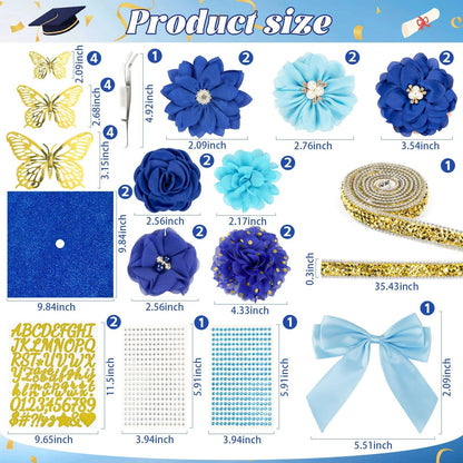 Graduation Cap Decorations Kit 2026 DIY Cap Decorations 36PCS Included Fake Flowers Heads Bow 3D Butterfly Self Adhesive Rhinestones Stickers Alphabet Letter Stickers for Grad Party Decor, Blue