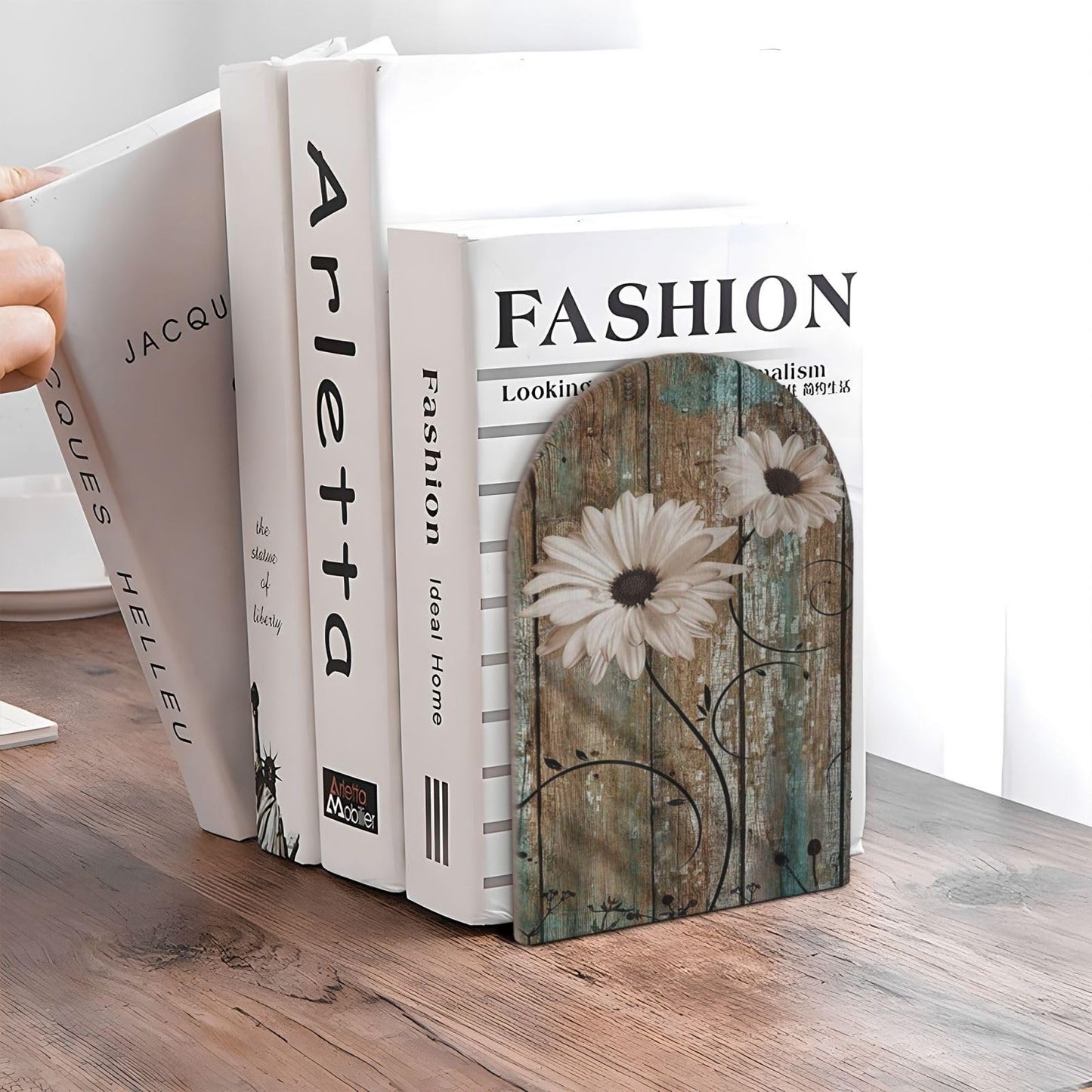 HOYYU Rustic s Wooden Bookends Decorative Shabby Sunflower Book Ends for Shelves Heavy Books Holder Organizer Non-Slip Desk Book End for Kids Room Office School Kitchen Home Desktop Decor 1 Pairs