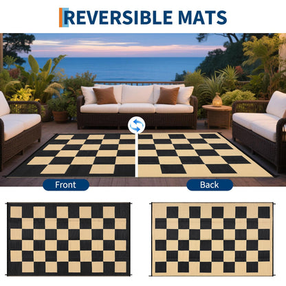 8 * 10ft Checkerboard Outdoor Rug, Reversible Woven Plastic Straw Patio Mat, Portable Floor Mat, Checkered Camping Carpet with Corner Loops for RV, Deck, Picnic, Balcony, Black & Brown