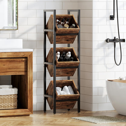 LITTLE TREE 3-Tier Basket Stand, Wooden Floor Stand Shelving Unit, Standing Organizer Storage Rack for Kitchen, Bathroom, Living Room (Rustic)