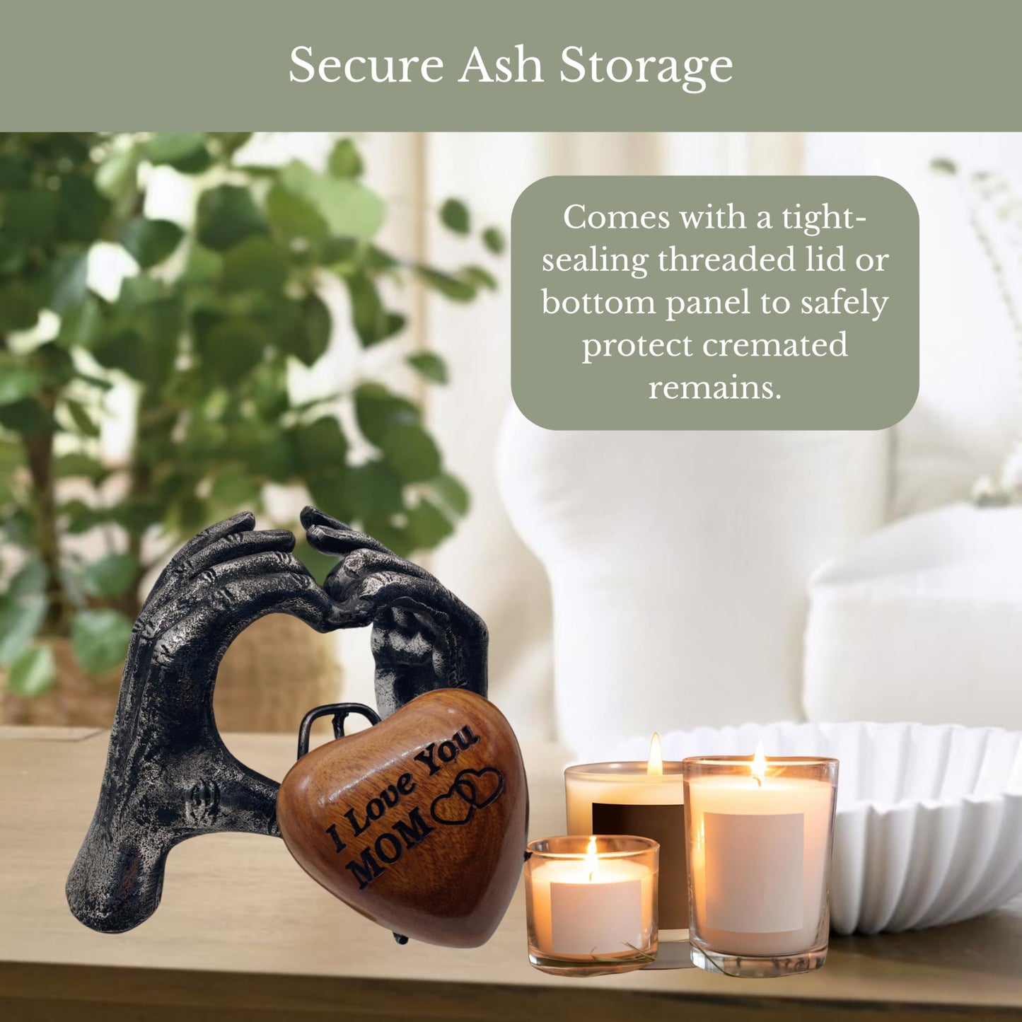 Wooden Heart Keepsake MOM Urn with Premium Display Hand Stand Engraved with I Love You MOM