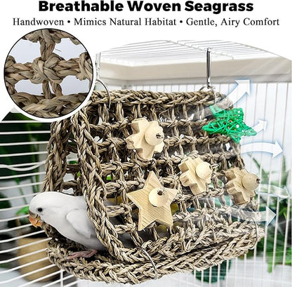 Seagrass Handwoven Bird Bed for Cage, DIY Parakeet Nest & Climbing Ladder, Breathable Bird Hammock Tent with Chewable Toys, Cozy Parrot Sleeping Hut for Small Medium Birds Like budgies Lovebirds