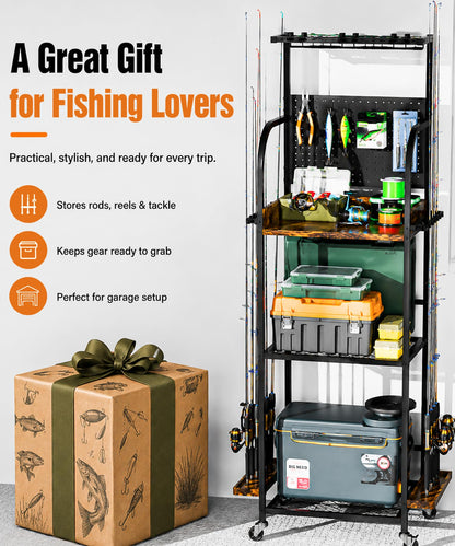 Homde Fishing Rod Holders for Garage: Large Capacity Fishing Equipment Holder up to 12 Rods - Mobile Tackle Storage Cart with Pegboard and Hooks for Tackle Box Organizers and Storage