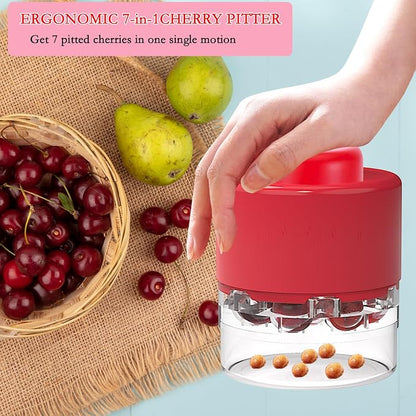 7-in-1 Cherry Pitter Tool,Multi-Function Pitting Tool, Portable Cherries Corer Stoner Seed Tool with Lock Design, Fruit Pit Remover for Cherry Jam (Wine Red)