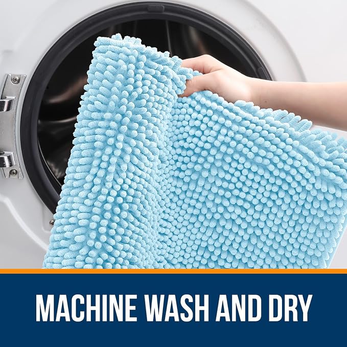 OLANLY Small Bathroom Rugs 24x16, Extra Soft Absorbent Chenille Bath Rugs, Rubber Backing Quick Dry, Machine Washable Bath Mats for Bathroom Floor, Tub and Shower, Home Decor Accessories, Sky Blue