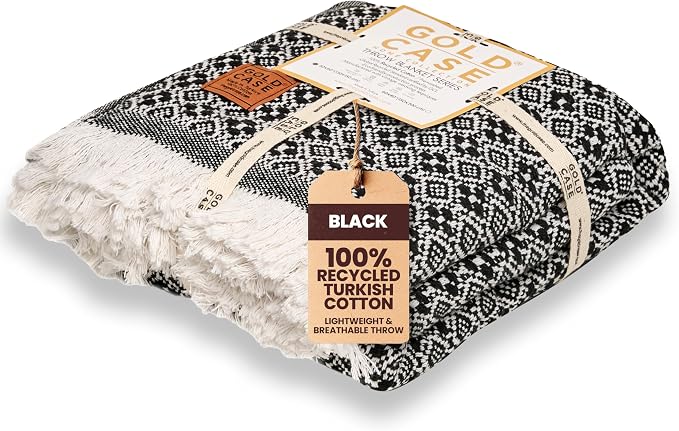 Gold Case Throw Blanket for Couch - 100% Recycled Turkish Cotton Blankets & Throws - Retro Soft Throw Blankets for Living Room - Boho Decorative Woven Couch Blanket - 50x60 - Black