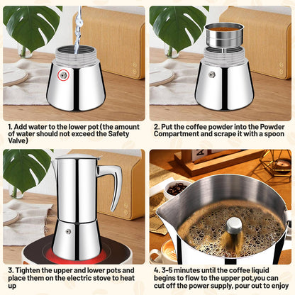 Vaolvpant No Coating 4 Cup Thickened 304 Stainless Steel Moka Pot Stovetop Espresso Maker Italian Coffee Machine 200ml 6.8oz Suitable for Gas Induction Stovetop Greca Coffee Maker Percolator