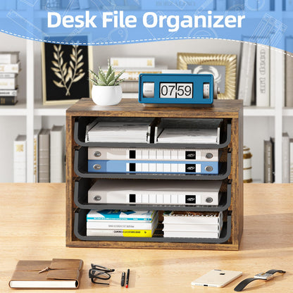 Simple Trending Desk File Organizers, 4-Tier Letter Tray Paper Organizer with File Holder, Wooden Paper Sorter for Office Supplies, Rustic Brown