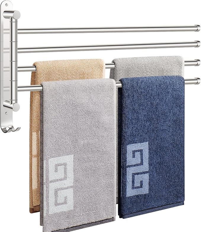 NearMoon Swivel Towel Rack, 19.5" Thicken 304 Stainless Steel 4-Arm Towel Bar, Space Saving Wall Mounted Towel Holder with Hook, Rustproof Swing Out Towel Hanger for Bathroom, Kitchen (Chrome Finish)