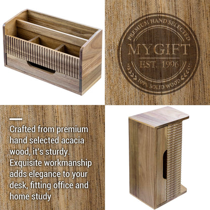 MyGift Premium Acacia Solid Wood Desk Organizer with Mail Sorter, 3 Pencil Cup Compartments & Bottom Storage Drawer, Office Supplies Organizer for Desk or Home Office
