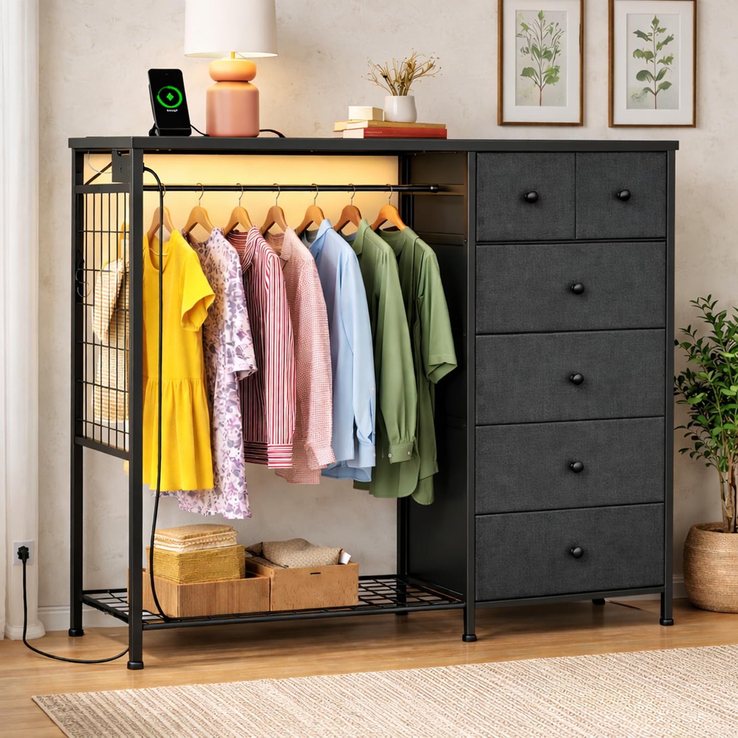 Simple Deluxe Storage Clothes Rack with 6 Drawers, Charging Station & LED Lights, Fabric Chest Shelves Clothing Rack, Wooden Portable Wardrobe Closet, 49.2" W x 15.7" D x 47.2" H, Gary