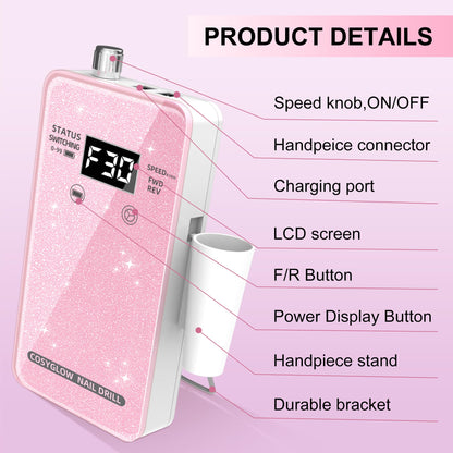 Professional Electric Nail Drill File:COSYGLOW Glitter Portable Cordless E-File Nail Drill Kit with 11 Drill Bits,30000 RPM Rechargeable Nail Drills Machine for Acrylic Nails Gel Polishing (Pink)