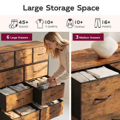 WLIVE 9-Drawer Dresser, Fabric Storage Tower for Bedroom, Hallway, Entryway, Closet, Tall Chest Organizer Unit with Fabric Bins, Steel Frame, Wood Top, Easy Pull Handle, Rustic Brown Wood Grain Print