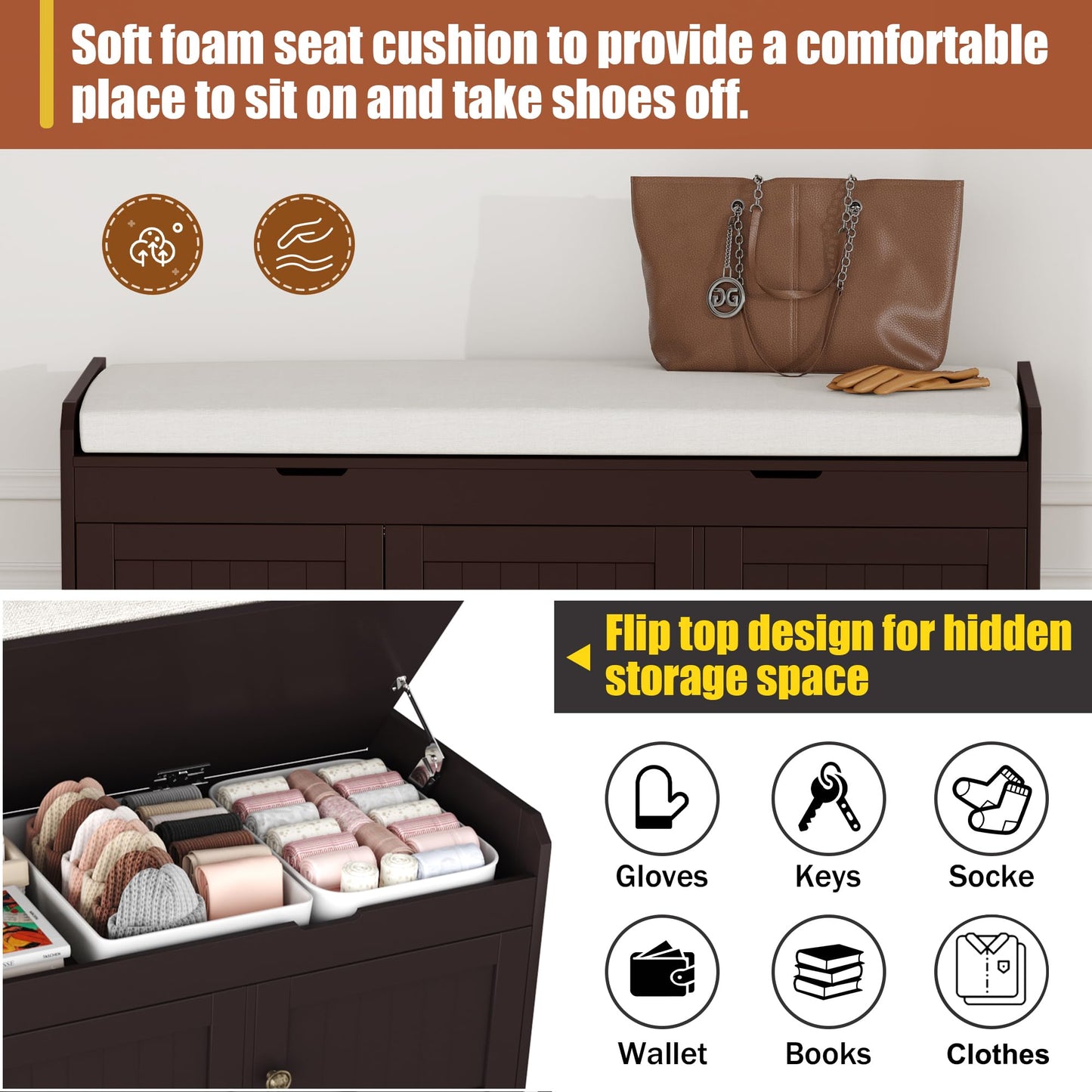 HOMEFORT 41.3" Shoe Bench with Lift Top Storage, Entryway Bench with Cushioned Seat, Wooden End of Bed Bench, Shoe Cabinet Bench with Hidden Storage Space, for Bedroom, Hallway,Espresso