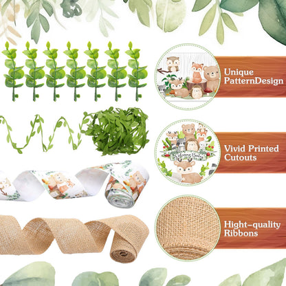MotiMind Woodland Baby Shower Decorations DIY Diaper Cake Kit with Neutral Forest Animal Burlap Sage Green Leaf Ribbon Leaves Welcome Baby Gender Reveal Party Decor Mommy Gift(Card)
