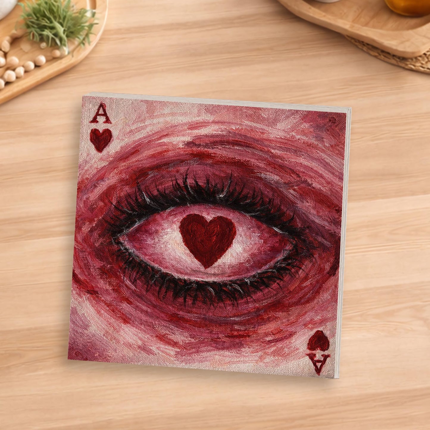 Surreal Eye Wooden Block Sign, Heart Eye Art Painting, Playing Card Heart Dark Romantic Symbolic Decor Shelf Sitter, Artistic Home Table Mantel Tiered Tray Unique Gift
