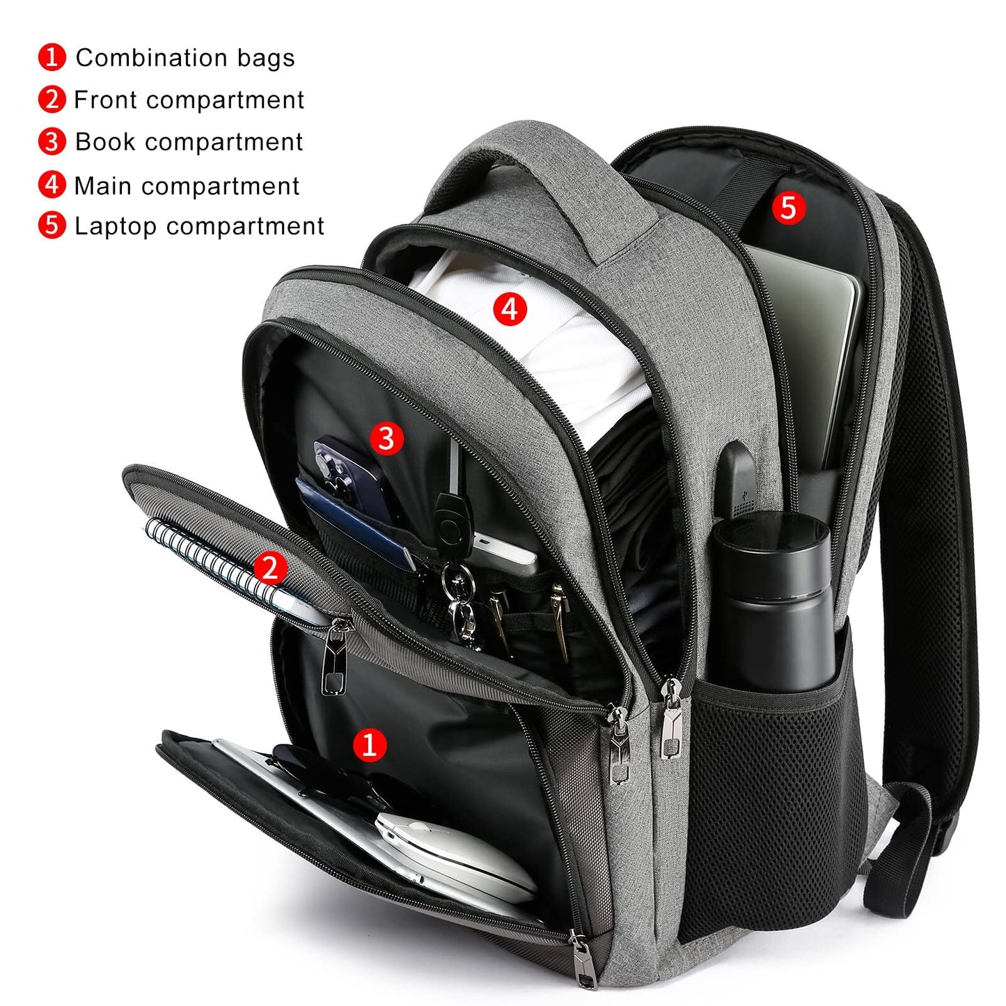 RJEU School Backpack for College Students & Teens - 15.6 Inch Laptop Backpack with USB Charging Port, Ergonomic Shoulder Straps, Water Resistant Travel Bookbag for Men, Women - Grey
