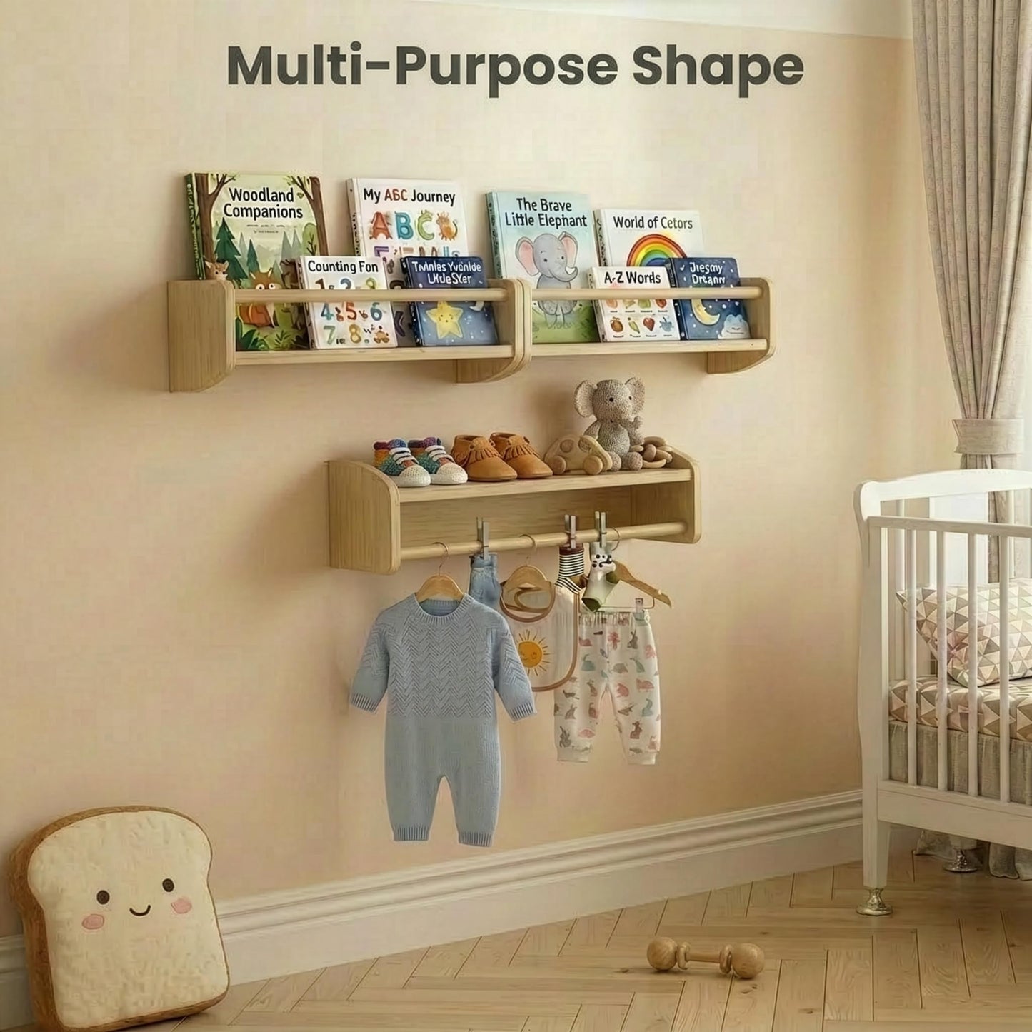 Nursery Bookshelf Set of 2, 16” Nursery Book Shelves Wall Mounted, Wooden Floating Shelves for Nursery Wall, Baby Book Shelf for Nursery, Kids Wall Bookshelf Organizer with Support Rod, Space Saving