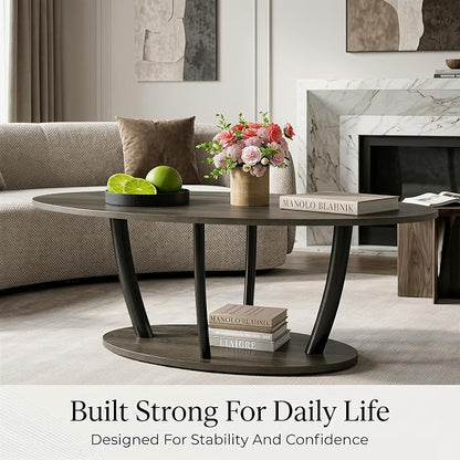 Manora Rustic Small Oval Coffee Table for Living Room, Narrow Wood Center Table with Shelf, Retro Style Coffee Table with Curved Metal Legs, Stable and Easy Assembly, Gray