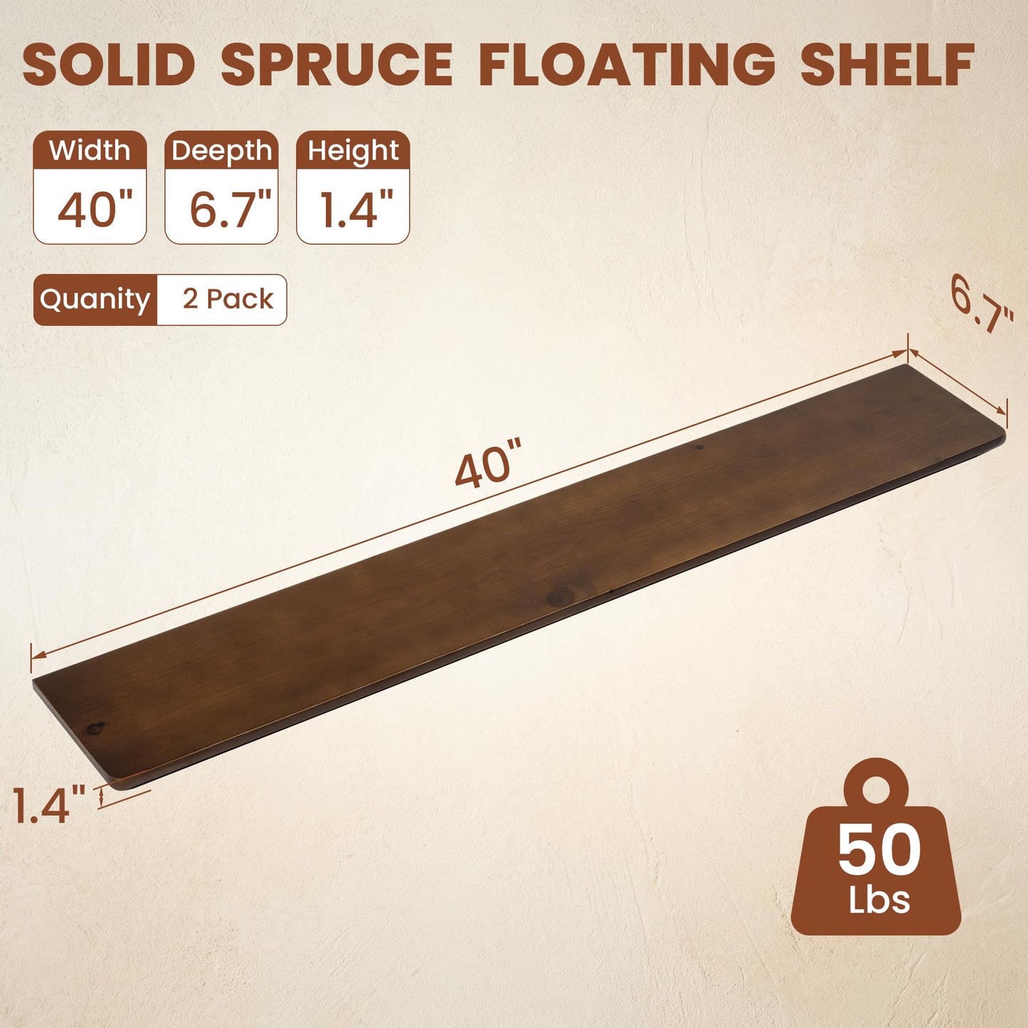 40 inch Floating Shelf for Wall, High End Solid Real Wood Shelf, Spruce Wooden 24in Floating Shelves with Heavy Duty Bracket for Living Room Bedroom Office, 24 X 6.7 X 1.4 in, Set of 2,Walnut Finished