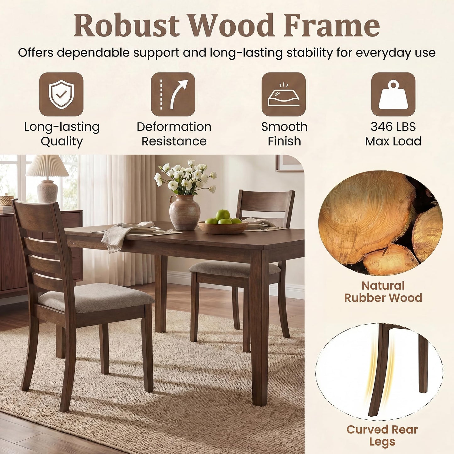 COSTWAY Wooden Dining Chairs Set of 2, Solid Rubberwood Frame Kitchen Side Chairs w/Upholstered Padded Seat & High Slat Back, Mid-Century Modern Dining Chair for Dining Room Kitchen (Light Brown)