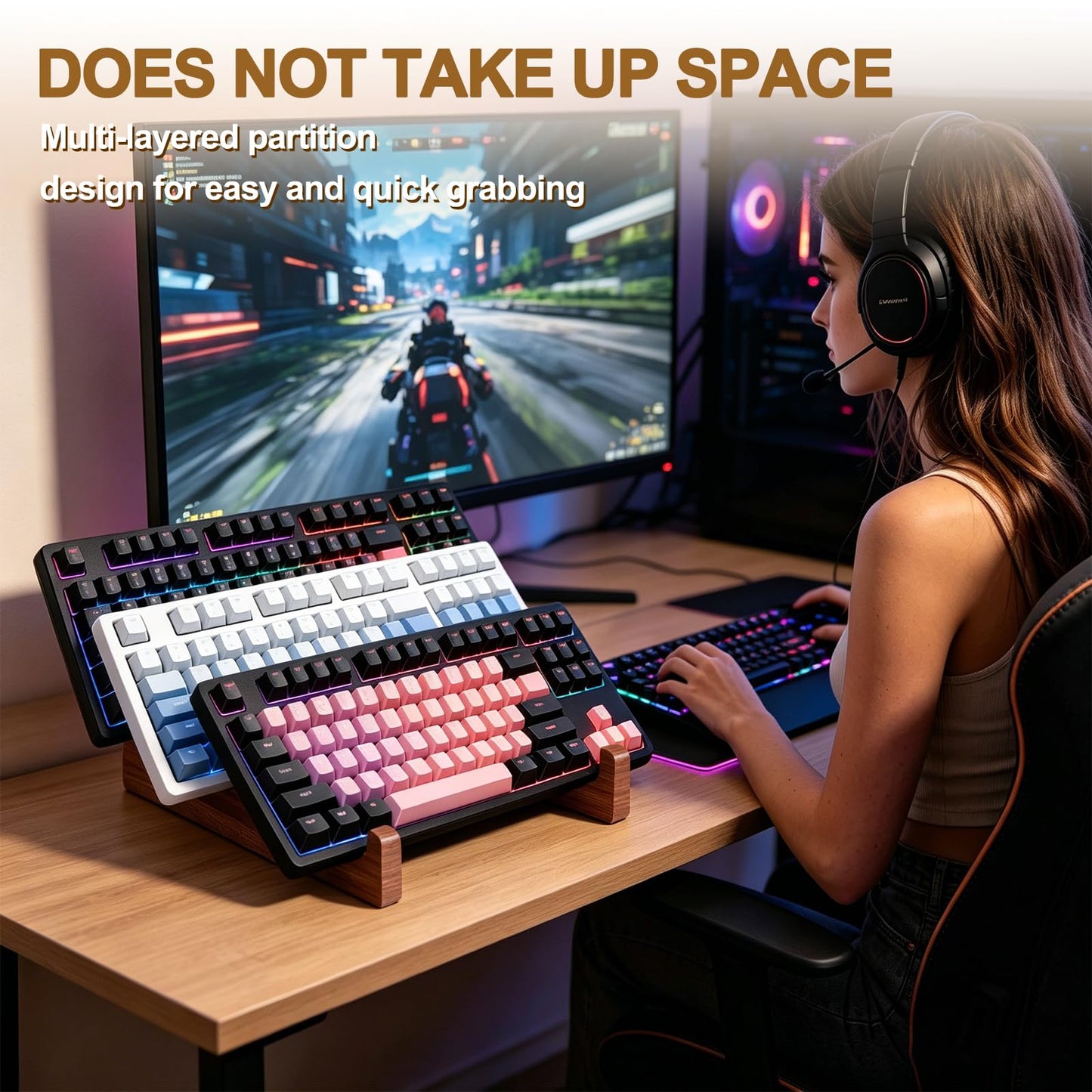 DHUJBFF 3-Tier Wood Keyboard Stand Detachable Display Rack for Mechanical Keyboards, Computer, Tablet, Desk Organizer with Sapele Wood, Easy Assembly, Strong Load Bearing for Office/Gaming