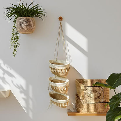 Hanging Baskets for Organizing, 3-Tier Woven Cotton Wall-Mounted Storage