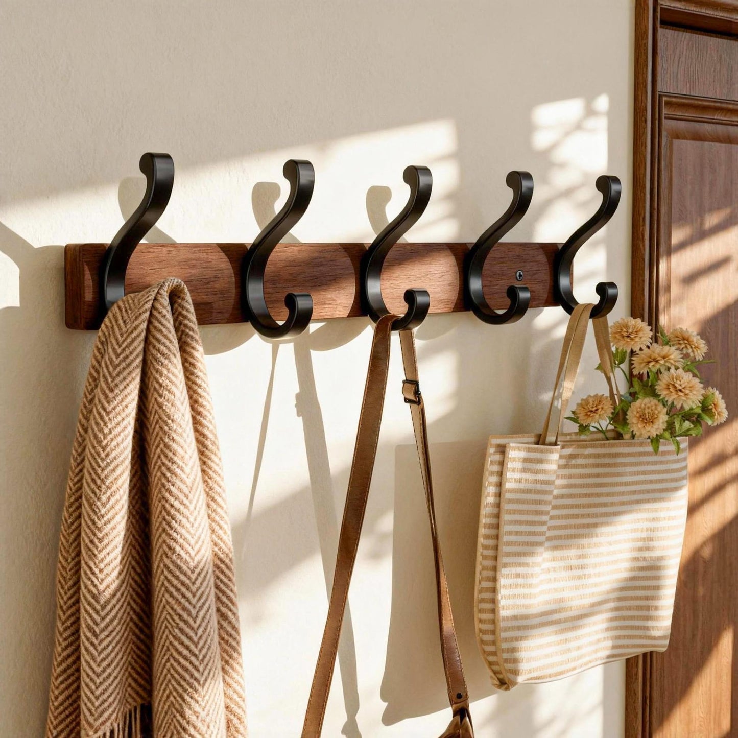 Jasopaco Solid Wood Wall Mounted Coat Rack, Heavy Duty 5 Hook Wooden Hanger with Metal Hooks for Hanging Hats, Coats, Towels, Backpack, Keys in Closet, Entryway, Bedroom, Bathroom, 2 Pack.